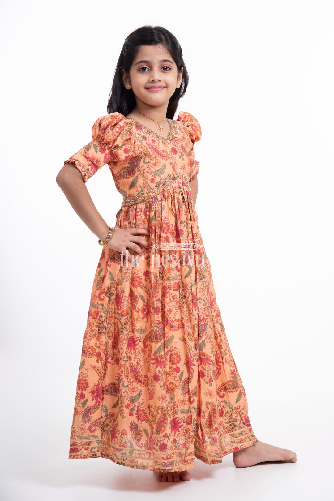 The Nesavu Girls Party Gown Elegant Pink Floral Muslin Silk Party Gown for Girls Nesavu Elegant Pink Floral Muslin Silk Party Gown for Girls - Stunning & Comfortable | The Nesavu