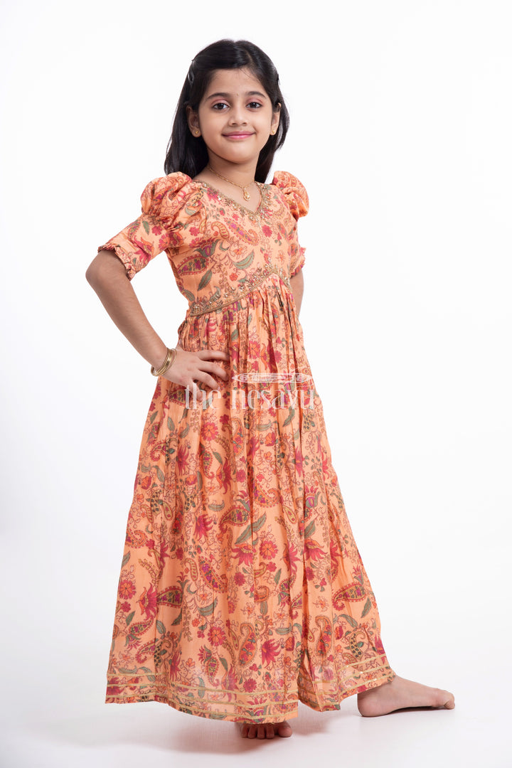 The Nesavu Girls Party Gown Elegant Pink Floral Muslin Silk Party Gown for Girls Nesavu Elegant Pink Floral Muslin Silk Party Gown for Girls - Stunning & Comfortable | The Nesavu