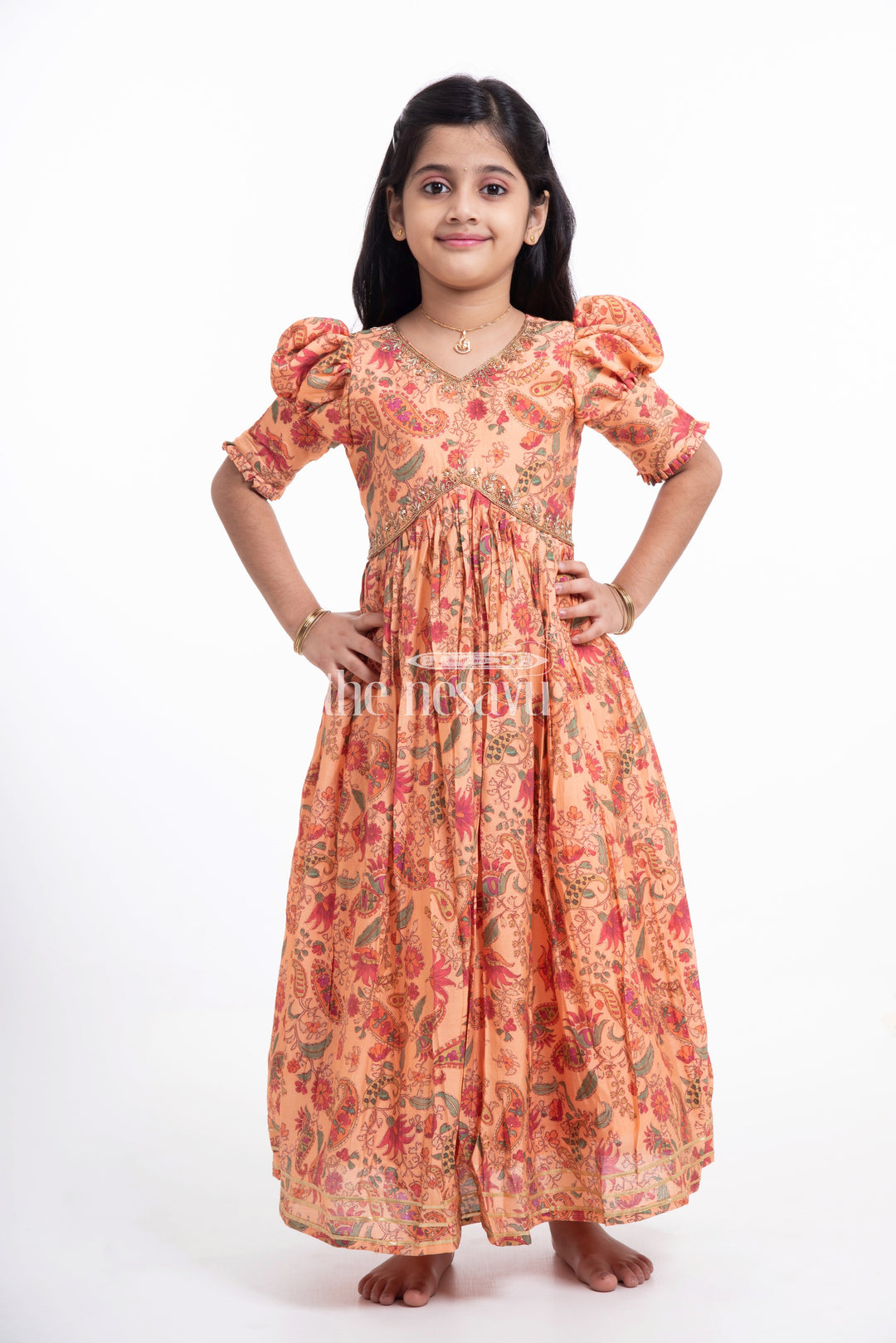 The Nesavu Girls Party Gown Elegant Pink Floral Muslin Silk Party Gown for Girls Nesavu Elegant Pink Floral Muslin Silk Party Gown for Girls - Stunning & Comfortable | The Nesavu