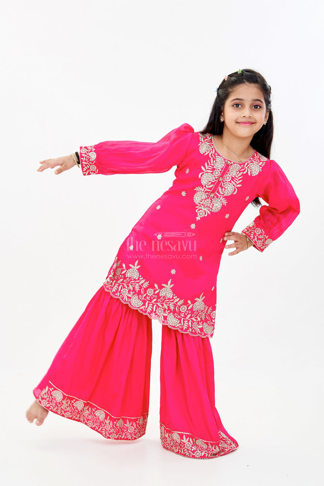The Nesavu Girls Sharara / Plazo Set Elegant Plain Kurti Plazo Set for Girls with Embroidered Chinon Fabric and Flared Bottom Nesavu 22 (4Y) / Pink GPS537A-22 Elegant Plain Kurti Plazo Set Girls Embroidered Chinon Fabric Flared Bottom | The Nesavu