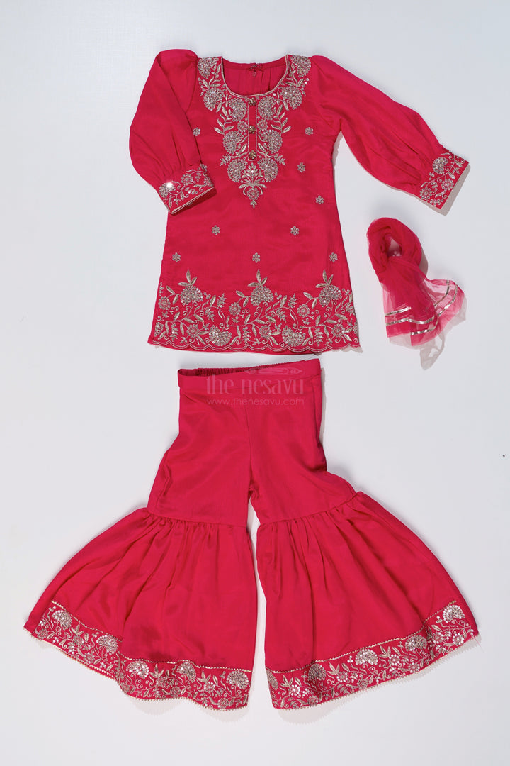 The Nesavu Girls Sharara / Plazo Set Elegant Plain Kurti Plazo Set for Girls with Embroidered Chinon Fabric and Flared Bottom Nesavu Elegant Plain Kurti Plazo Set Girls Embroidered Chinon Fabric Flared Bottom | The Nesavu