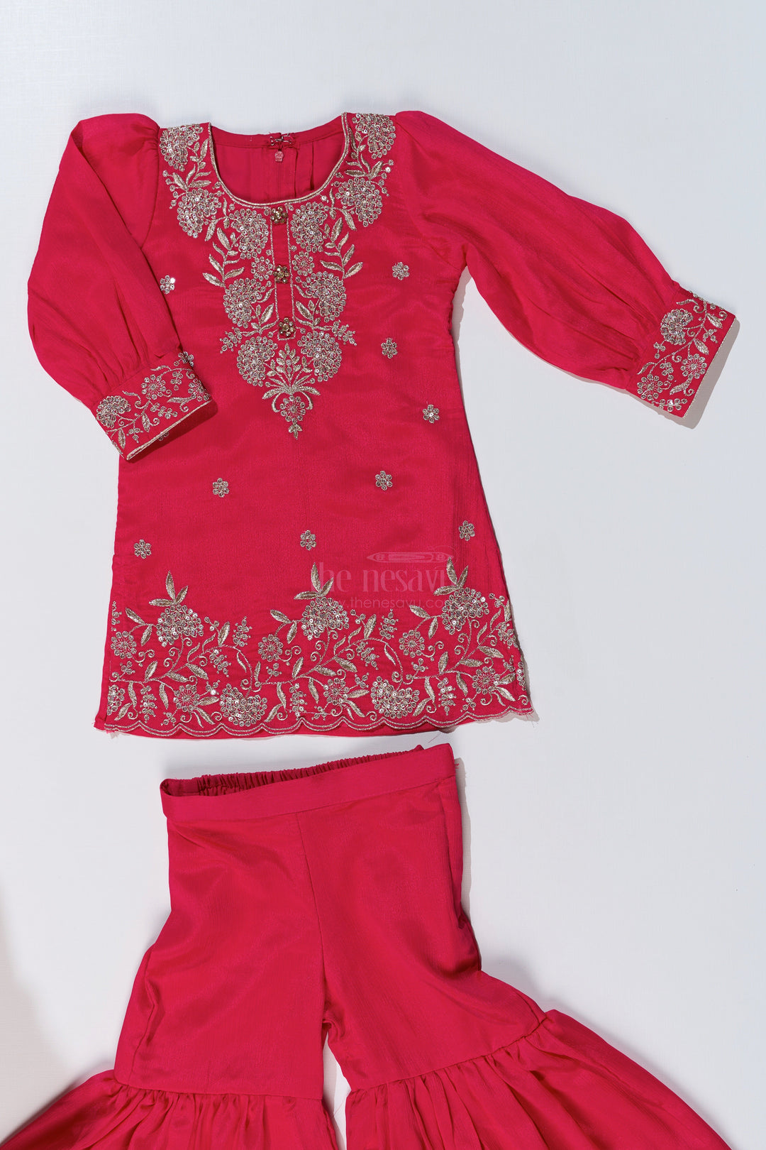 The Nesavu Girls Sharara / Plazo Set Elegant Plain Kurti Plazo Set for Girls with Embroidered Chinon Fabric and Flared Bottom Nesavu Elegant Plain Kurti Plazo Set Girls Embroidered Chinon Fabric Flared Bottom | The Nesavu