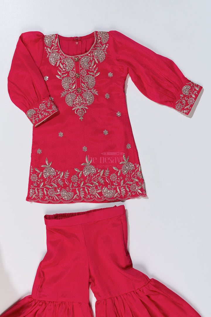 The Nesavu Girls Sharara / Plazo Set Elegant Plain Kurti Plazo Set for Girls with Embroidered Chinon Fabric and Flared Bottom Nesavu Elegant Plain Kurti Plazo Set Girls Embroidered Chinon Fabric Flared Bottom | The Nesavu