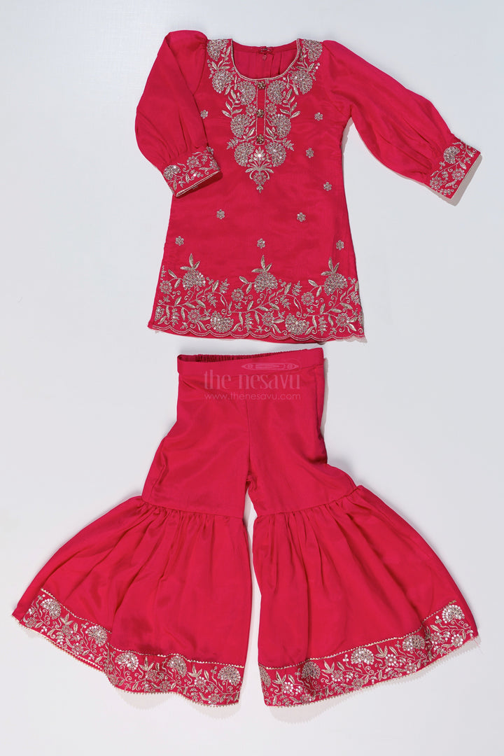 The Nesavu Girls Sharara / Plazo Set Elegant Plain Kurti Plazo Set for Girls with Embroidered Chinon Fabric and Flared Bottom Nesavu Elegant Plain Kurti Plazo Set Girls Embroidered Chinon Fabric Flared Bottom | The Nesavu
