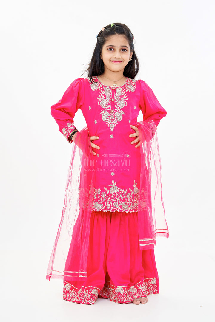 The Nesavu Girls Sharara / Plazo Set Elegant Plain Kurti Plazo Set for Girls with Embroidered Chinon Fabric and Flared Bottom Nesavu Elegant Plain Kurti Plazo Set Girls Embroidered Chinon Fabric Flared Bottom | The Nesavu
