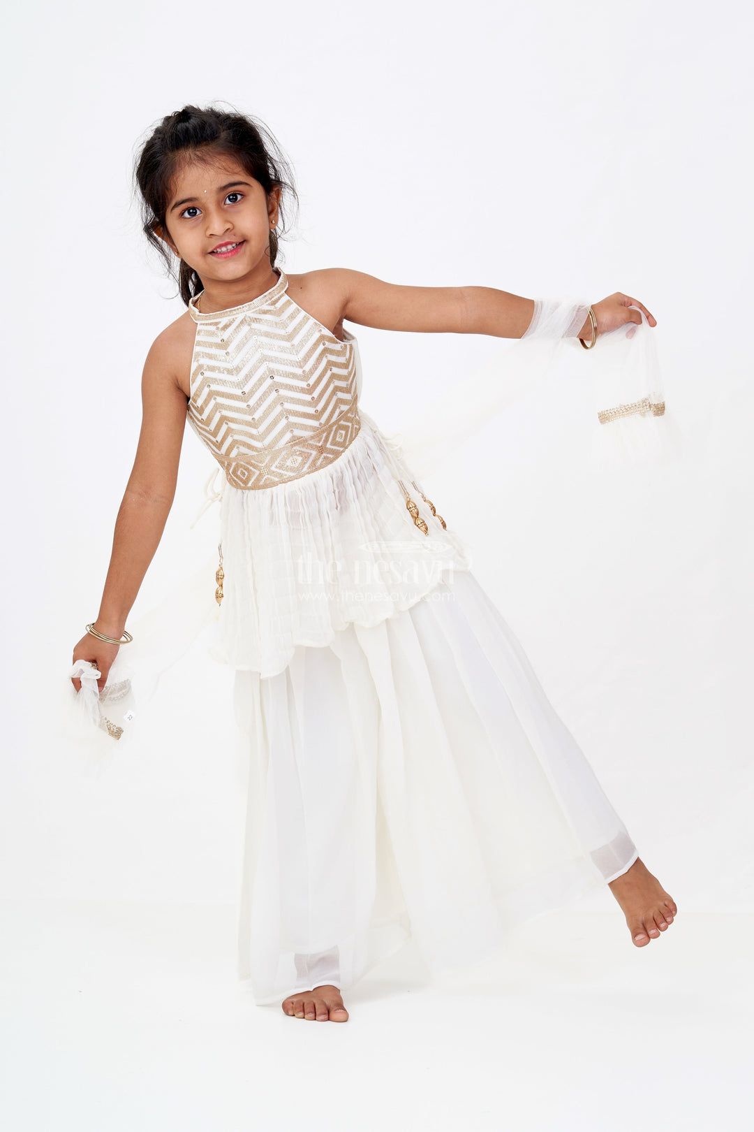 The Nesavu Girls Sharara / Plazo Set Elegant Plazo Traditional Dress for Girls with Georgette Embroidery and Sequin Detailing Nesavu 16 (1Y) / Cream GPS538B-16 Elegant Plazo Traditional Dress Girls Georgette Embroidery Sequin Detailing | The Nesavu