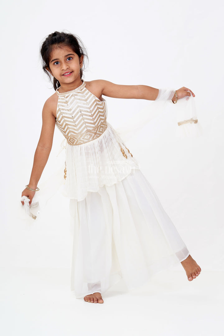 The Nesavu Girls Sharara / Plazo Set Elegant Plazo Traditional Dress for Girls with Georgette Embroidery and Sequin Detailing Nesavu 16 (1Y) / Cream GPS538B-16 Nesavu Elegant Plazo Traditional Dress Girls Georgette Embroidery Sequin Detailing