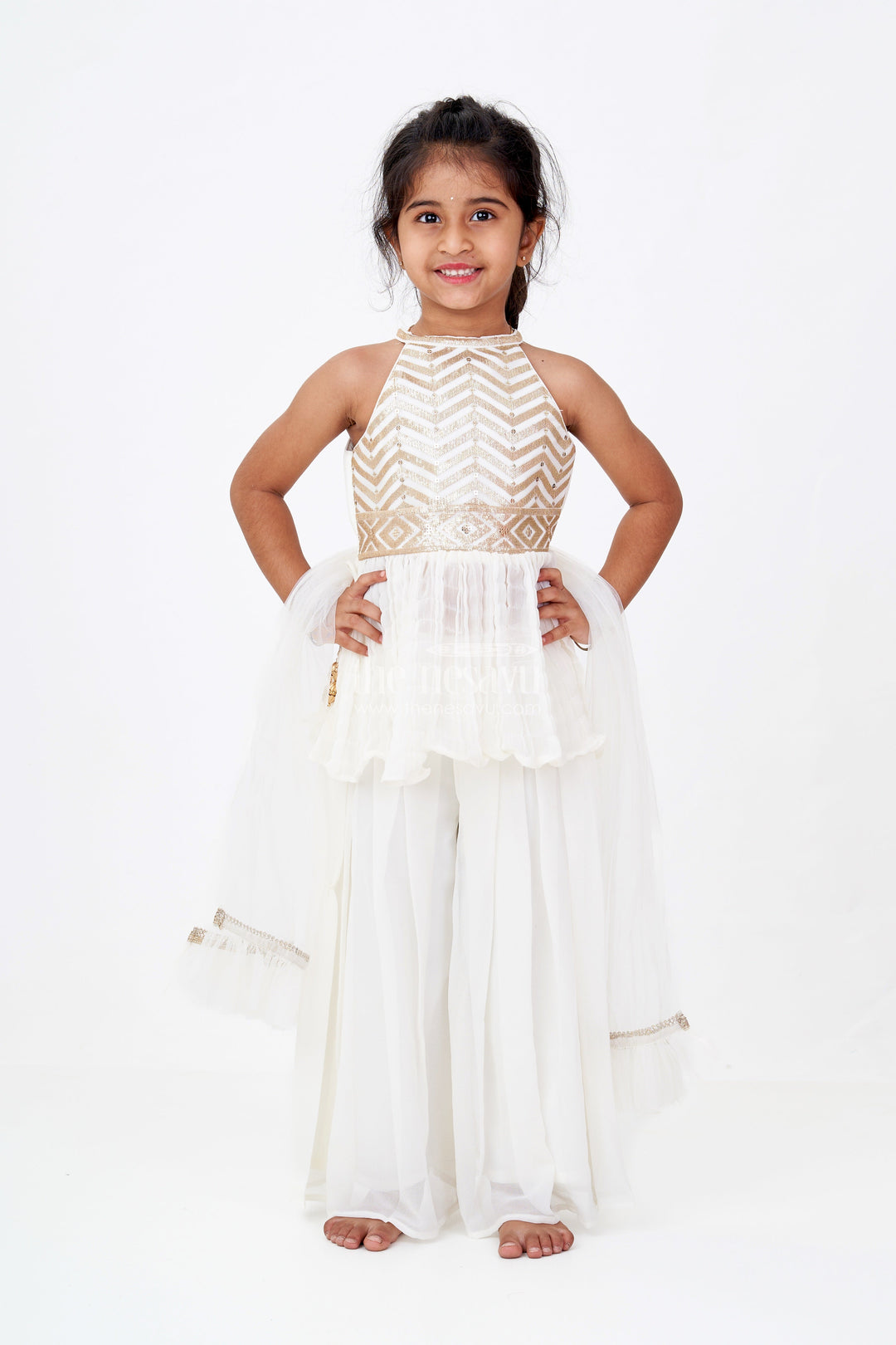 The Nesavu Girls Sharara / Plazo Set Elegant Plazo Traditional Dress for Girls with Georgette Embroidery and Sequin Detailing Nesavu Elegant Plazo Traditional Dress Girls Georgette Embroidery Sequin Detailing | The Nesavu