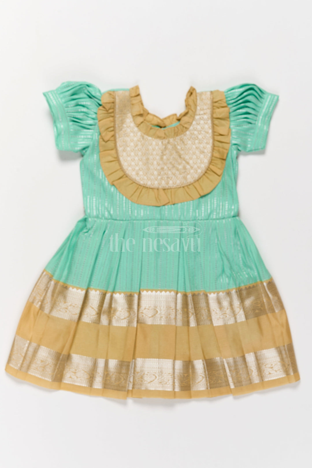 The Nesavu Girls Kanchi Silk Frock Elegant Pongal New Collection Girls Kanchi Silk Frock with Traditional Gold Border Nesavu 16 (1Y) / Green / Style 1 SF821CA-16 Nesavu Girls Kanchi Silk Frock Pongal New Collection Golden Zari Details