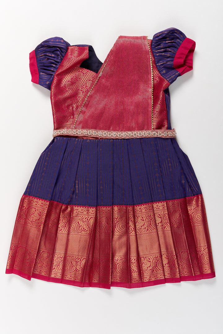 The Nesavu Girls Kanchi Silk Frock Elegant Purple and Red Pattu Pavadai for Girls with Zari Borders and Pleated Skirt Nesavu 20 (3Y) / Purple / Style 2 SF827AB-20 Elegant Purple Red Pattu Pavadai Girls Zari Borders Pleated Skirt | The Nesavu