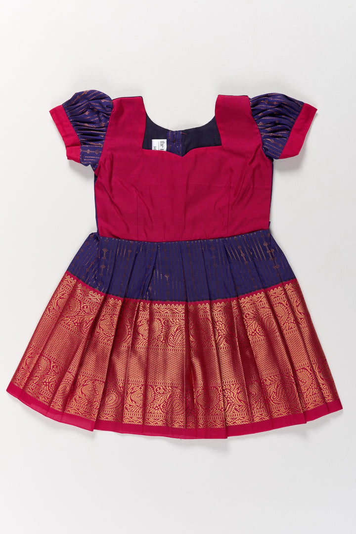The Nesavu Girls Kanchi Silk Frock Elegant Purple and Red Pattu Pavadai for Girls with Zari Borders and Pleated Skirt Nesavu Elegant Purple Red Pattu Pavadai Girls Zari Borders Pleated Skirt | The Nesavu