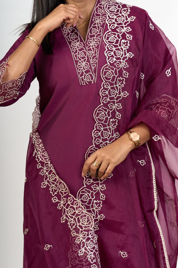 The Nesavu Womens Straight Suit Sets Elegant Purple Chiffon Kurta Set with Floral Embroidery Dupatta Nesavu Elegant Purple Chiffon Kurta Set Embroidered Floral Dupatta | The Nesavu