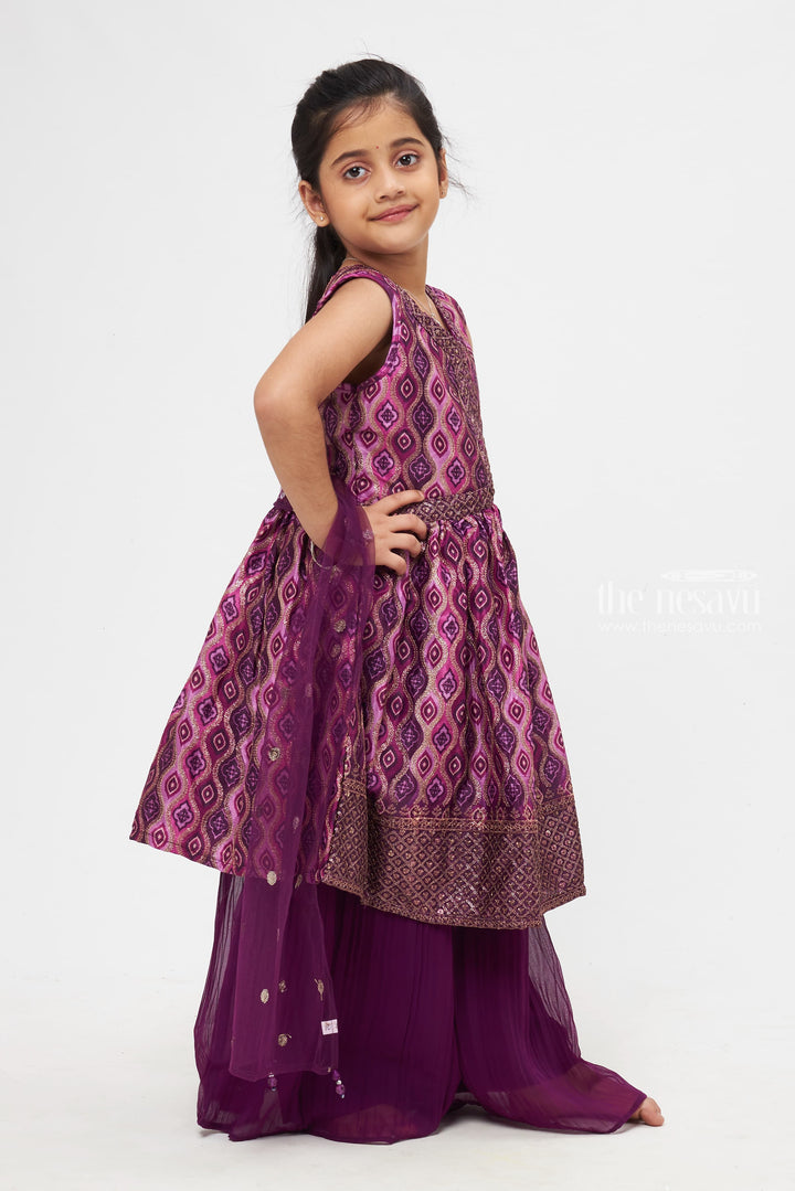 The Nesavu Girls Sharara / Plazo Set Elegant Purple Patterned Dress with Flared Palazzos for Girls Nesavu Swirling Patterned Purple Dress with Palazzos | Kids Festive Wear | Elegant Girls Outfit Collection