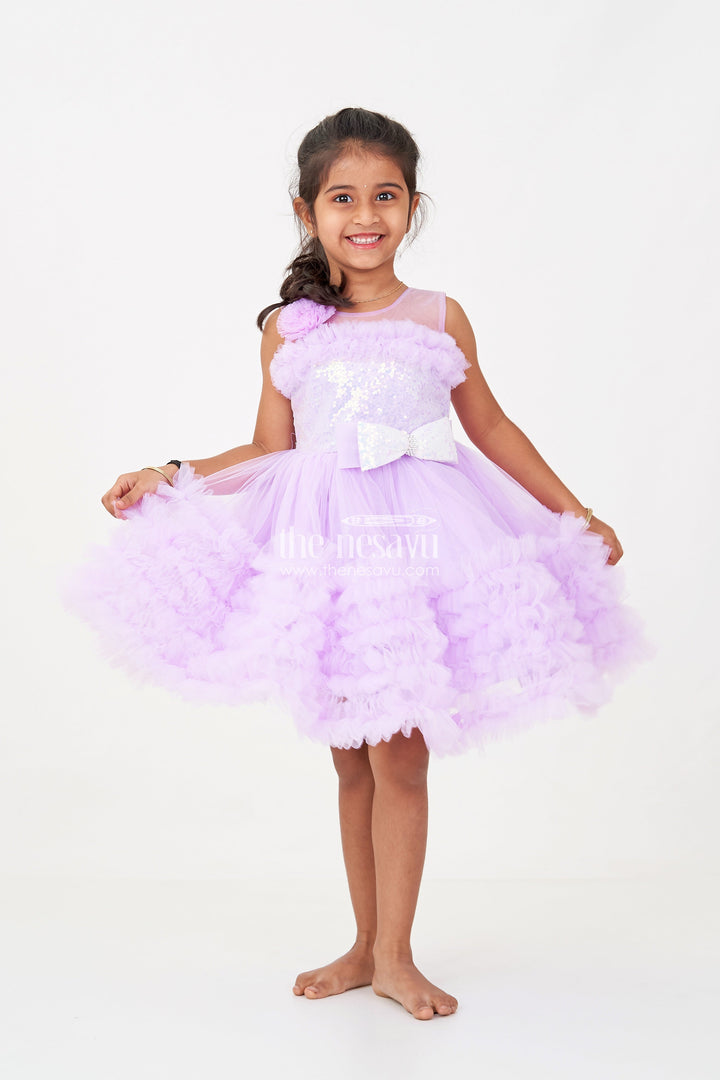 The Nesavu Girls Fancy Party Frock Elegant Purple Short Party Frock for Girls with Sequin Bodice and Ruffled Layers Nesavu 16 (1Y) / Purple PF198A-16 Purple Short Party Frock Girls Floral Sequin Detailing Ruffled Net Skirt | The Nesavu