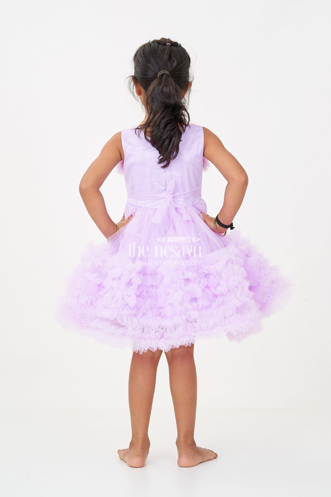 The Nesavu Girls Fancy Party Frock Elegant Purple Short Party Frock for Girls with Sequin Bodice and Ruffled Layers Nesavu Purple Short Party Frock Girls Floral Sequin Detailing Ruffled Net Skirt | The Nesavu