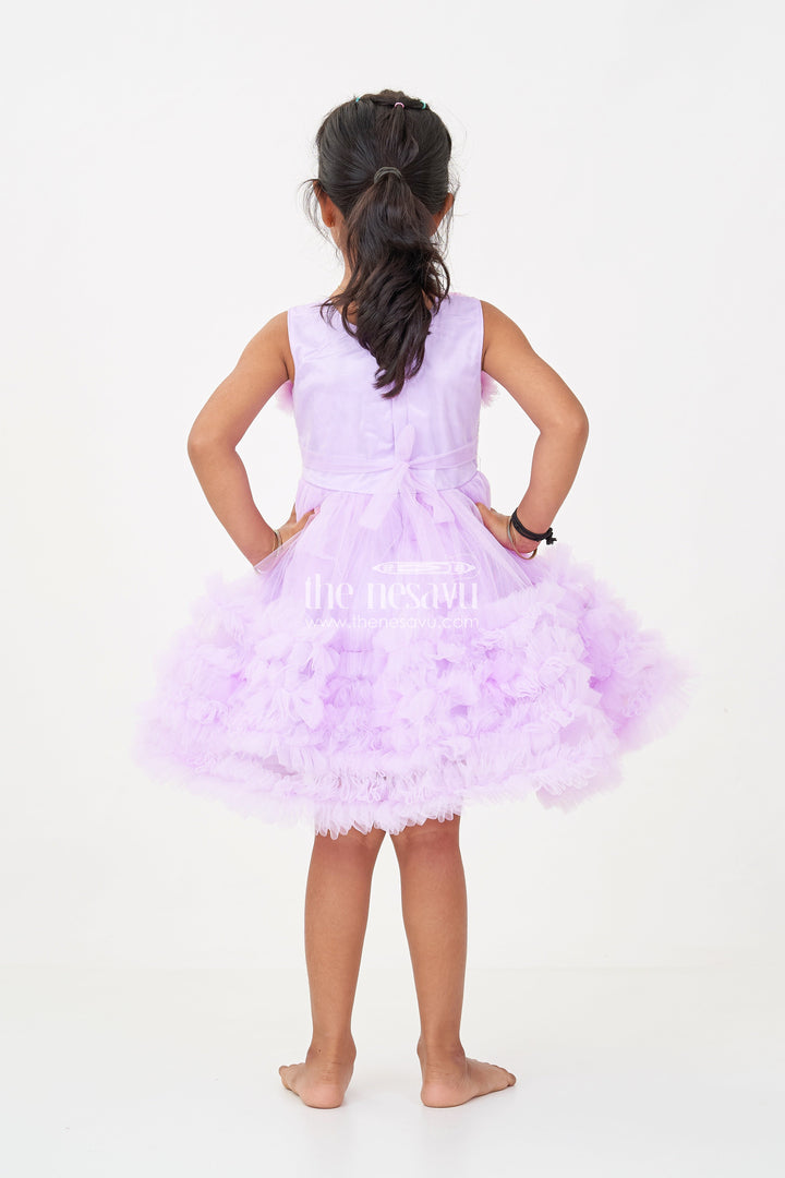 The Nesavu Girls Fancy Party Frock Elegant Purple Short Party Frock for Girls with Sequin Bodice and Ruffled Layers Nesavu Purple Short Party Frock Girls Floral Sequin Detailing Ruffled Net Skirt | The Nesavu