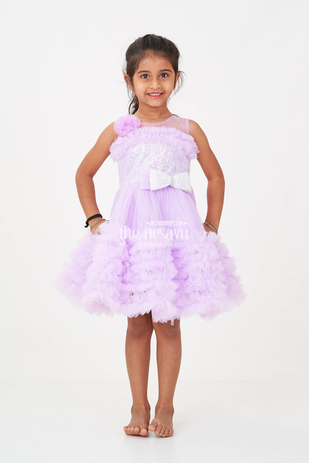 The Nesavu Girls Fancy Party Frock Elegant Purple Short Party Frock for Girls with Sequin Bodice and Ruffled Layers Nesavu Purple Short Party Frock Girls Floral Sequin Detailing Ruffled Net Skirt | The Nesavu