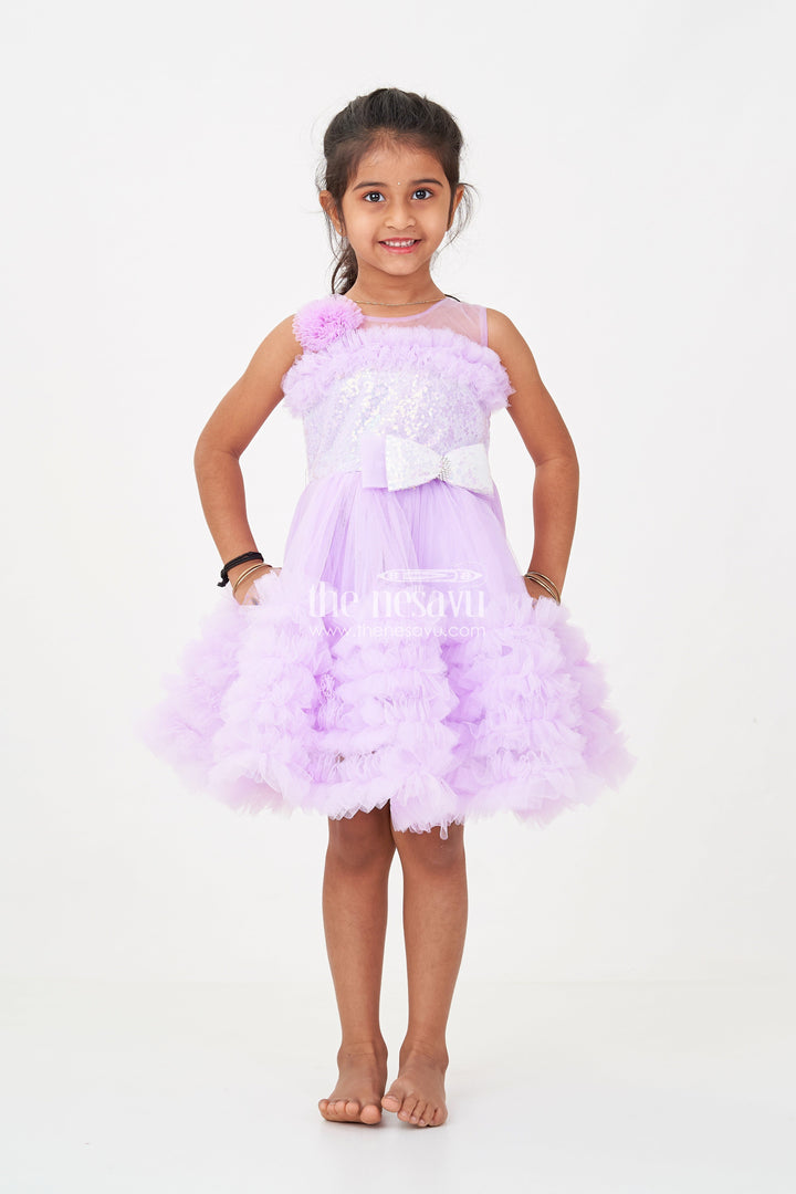 The Nesavu Girls Fancy Party Frock Elegant Purple Short Party Frock for Girls with Sequin Bodice and Ruffled Layers Nesavu Purple Short Party Frock Girls Floral Sequin Detailing Ruffled Net Skirt | The Nesavu