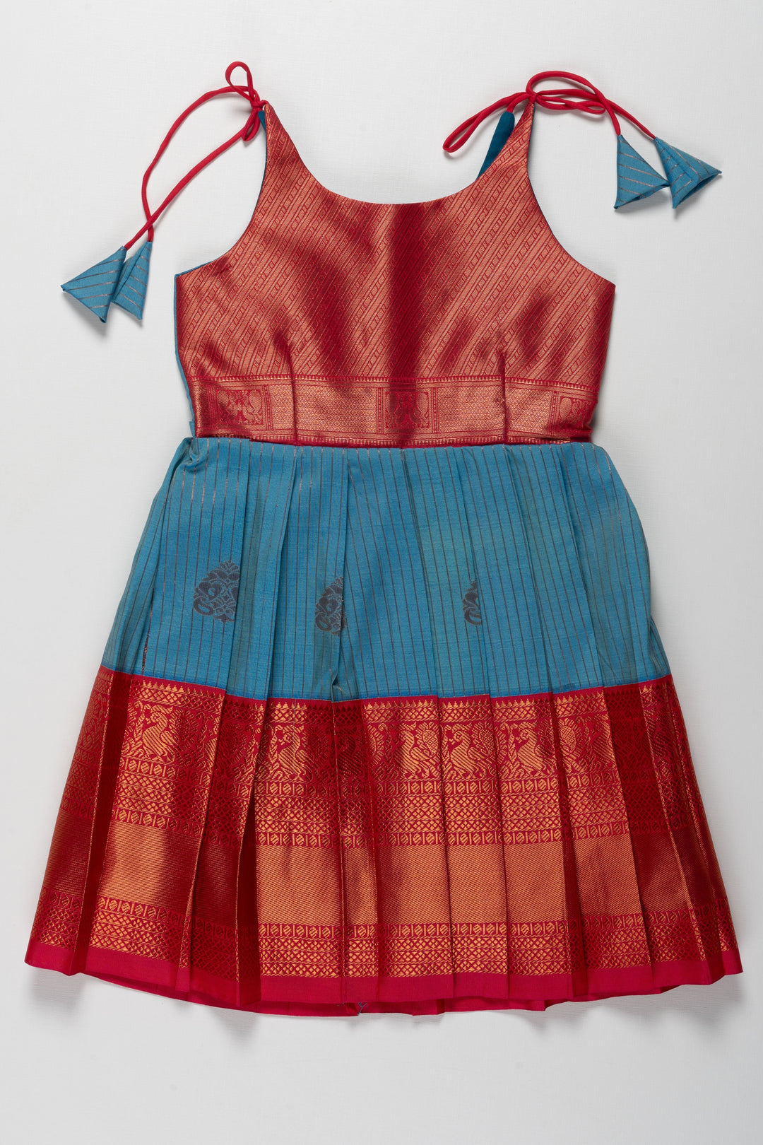 The Nesavu Tie-up Frock Elegant Red and Blue Silk Tie-Up Frock for Annaprasana and Chudakarana Nesavu 14 (6M) / Blue / Style 2 T381B-14 Elegant Red and Blue Silk TieUp Frock for Girls | Festive and Traditional Wear | The Nesavu