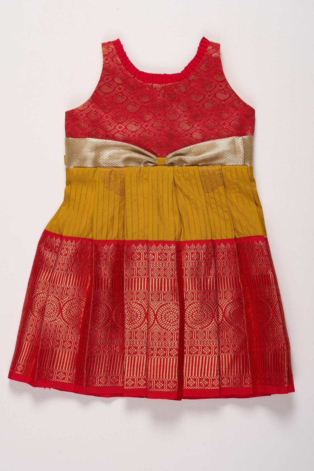 The Nesavu Girls Kanchi Silk Frock Elegant Red and Yellow Silk Frock for Girls Nesavu 14 (6M) / Yellow / Style 1 SF808A-14 Elegant Red and Yellow Silk Frock for Girls with Silver Bow