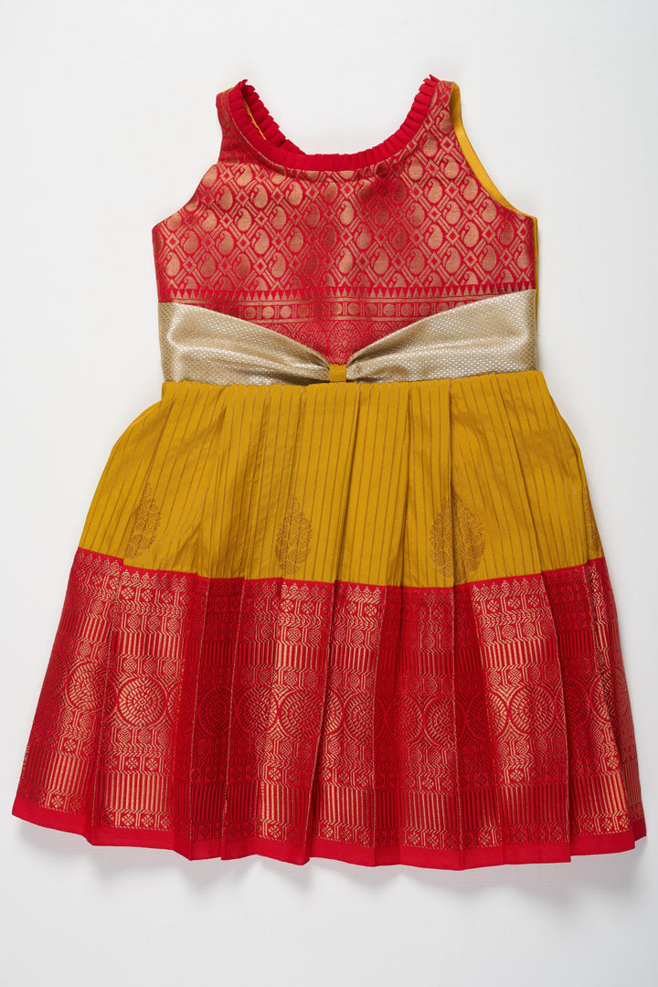 The Nesavu Girls Kanchi Silk Frock Elegant Red and Yellow Silk Frock for Girls Nesavu 14 (6M) / Yellow / Style 2 SF808B-14 Elegant Red and Yellow Silk Frock for Girls with Silver Bow