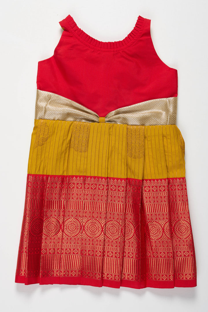 The Nesavu Girls Kanchi Silk Frock Elegant Red and Yellow Silk Frock for Girls Nesavu 14 (6M) / Yellow / Style 3 SF808C-14 Elegant Red and Yellow Silk Frock for Girls with Silver Bow