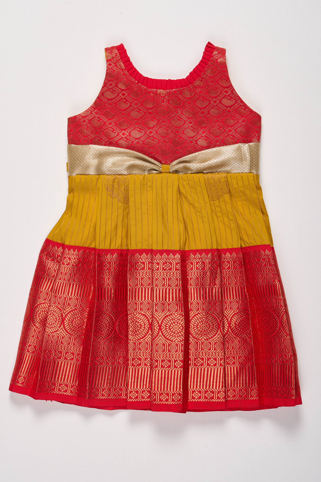 The Nesavu Girls Kanchi Silk Frock Elegant Red and Yellow Silk Frock for Girls Nesavu Elegant Red and Yellow Silk Frock for Girls with Silver Bow