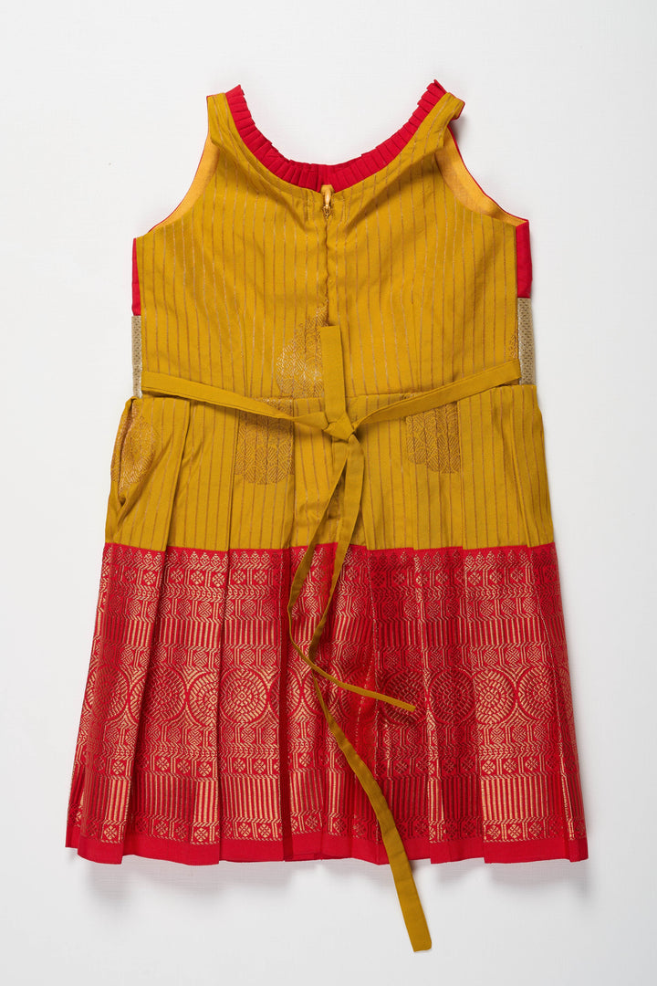 The Nesavu Girls Kanchi Silk Frock Elegant Red and Yellow Silk Frock for Girls Nesavu Elegant Red and Yellow Silk Frock for Girls with Silver Bow