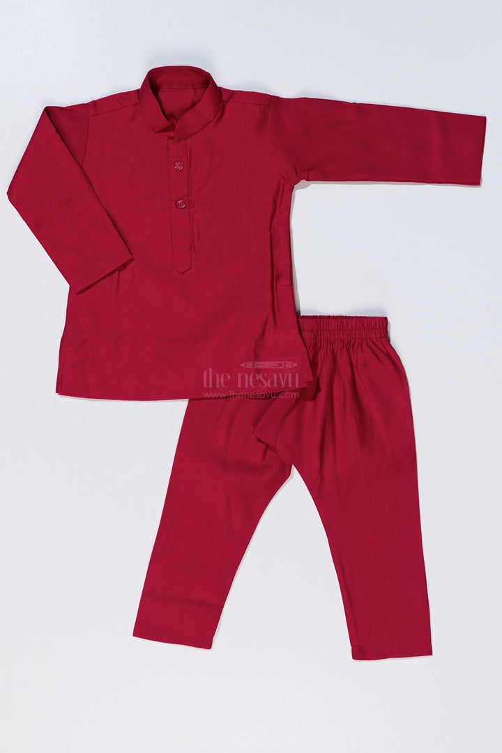 The Nesavu Boys Jacket Sets Elegant Red Kurta with Jacket Set for Boys in Jacquard Silk with Floral Embroidery Nesavu Elegant Red Kurta Jacket Set Boys Jacquard Silk Floral Embroidery | The Nesavu
