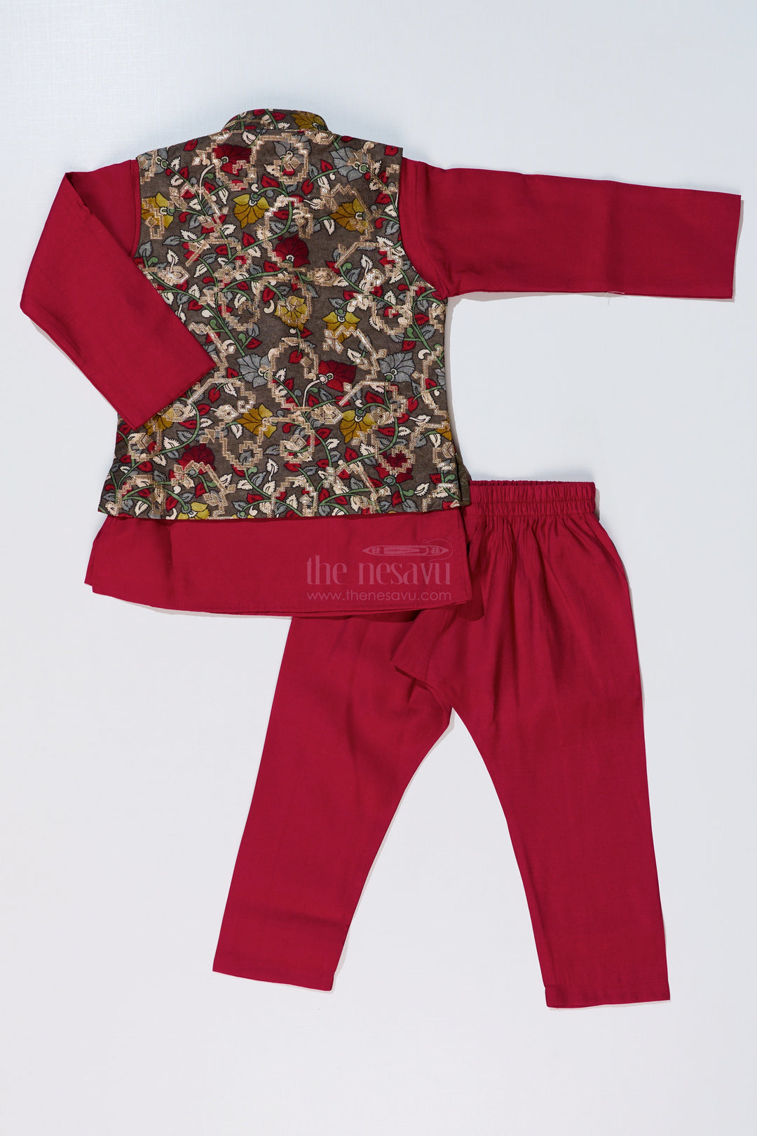 The Nesavu Boys Jacket Sets Elegant Red Kurta with Jacket Set for Boys in Jacquard Silk with Floral Embroidery Nesavu Elegant Red Kurta Jacket Set Boys Jacquard Silk Floral Embroidery | The Nesavu