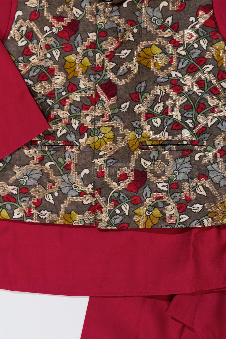 The Nesavu Boys Jacket Sets Elegant Red Kurta with Jacket Set for Boys in Jacquard Silk with Floral Embroidery Nesavu Elegant Red Kurta Jacket Set Boys Jacquard Silk Floral Embroidery | The Nesavu
