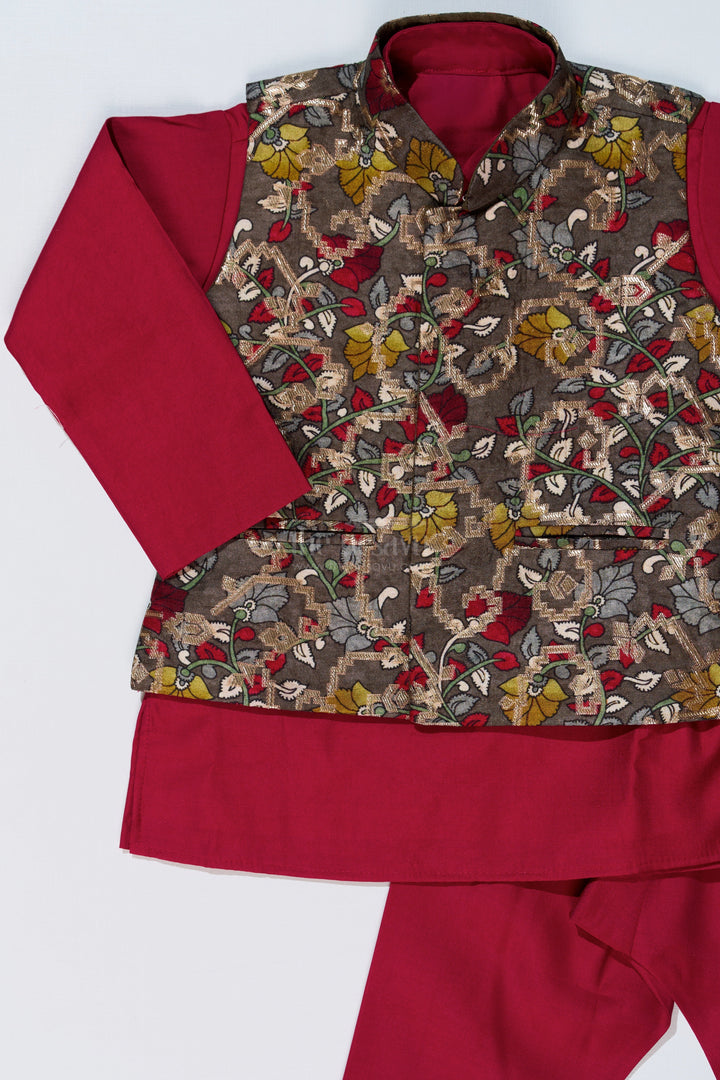 The Nesavu Boys Jacket Sets Elegant Red Kurta with Jacket Set for Boys in Jacquard Silk with Floral Embroidery Nesavu Elegant Red Kurta Jacket Set Boys Jacquard Silk Floral Embroidery | The Nesavu