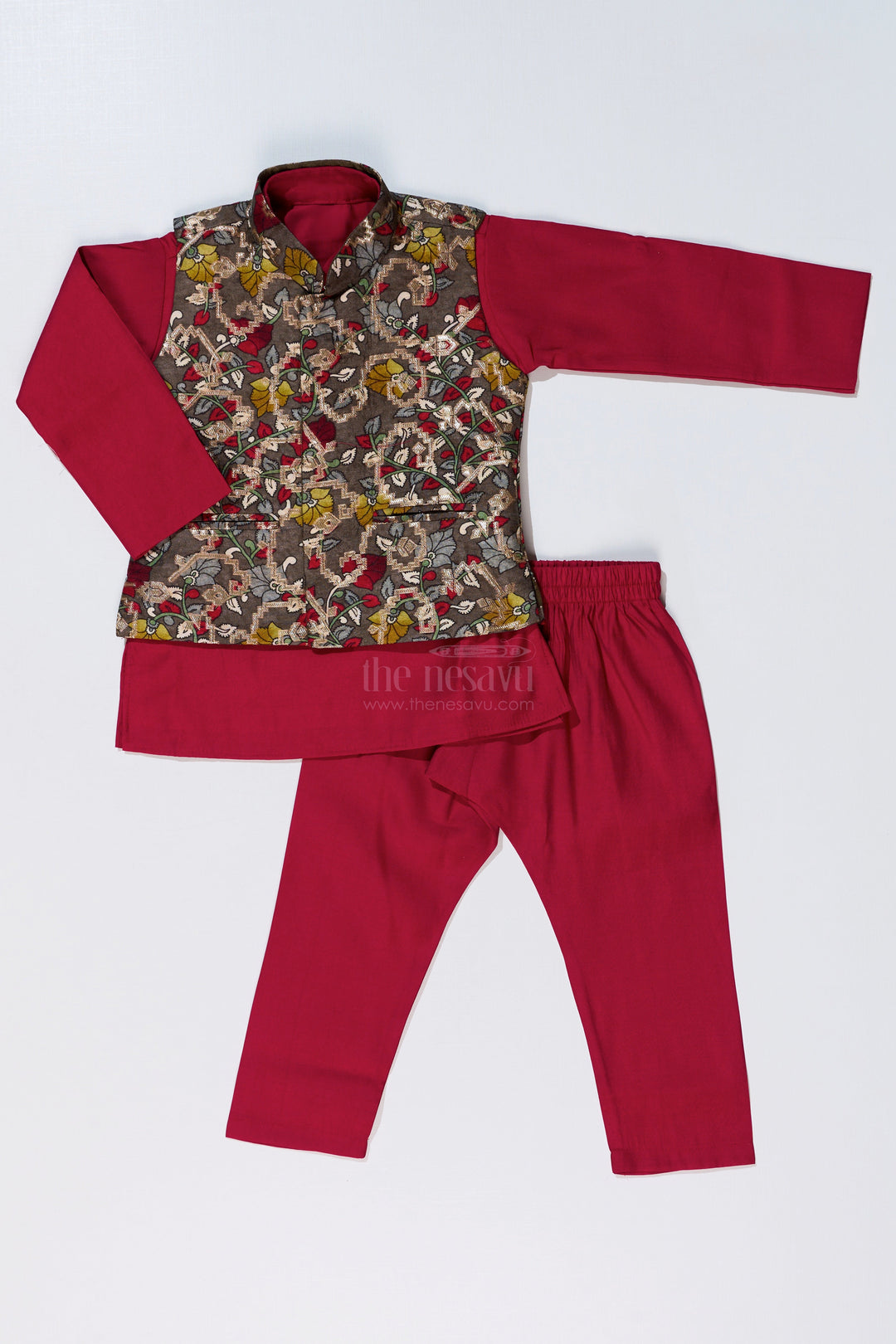 The Nesavu Boys Jacket Sets Elegant Red Kurta with Jacket Set for Boys in Jacquard Silk with Floral Embroidery Nesavu Elegant Red Kurta Jacket Set Boys Jacquard Silk Floral Embroidery | The Nesavu