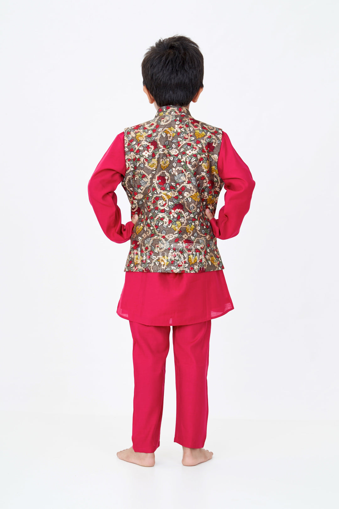 The Nesavu Boys Jacket Sets Elegant Red Kurta with Jacket Set for Boys in Jacquard Silk with Floral Embroidery Nesavu Elegant Red Kurta Jacket Set Boys Jacquard Silk Floral Embroidery | The Nesavu