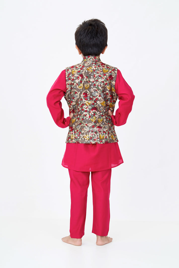 The Nesavu Boys Jacket Sets Elegant Red Kurta with Jacket Set for Boys in Jacquard Silk with Floral Embroidery Nesavu Elegant Red Kurta Jacket Set Boys Jacquard Silk Floral Embroidery | The Nesavu