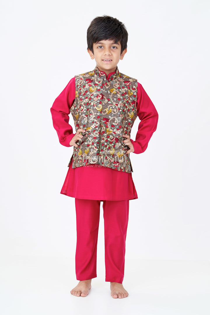 The Nesavu Boys Jacket Sets Elegant Red Kurta with Jacket Set for Boys in Jacquard Silk with Floral Embroidery Nesavu Elegant Red Kurta Jacket Set Boys Jacquard Silk Floral Embroidery | The Nesavu
