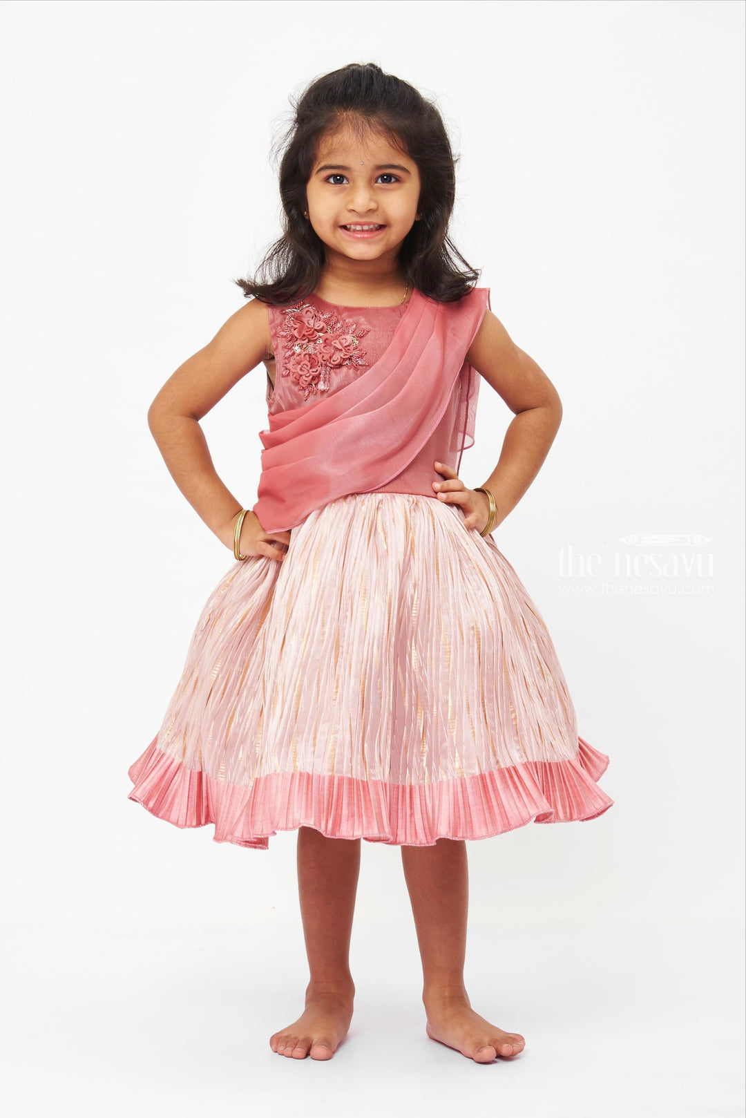 The Nesavu Girls Fancy Party Frock Elegant Rose Gold Layered Party Frock with Embellished Bodice Nesavu 16 (1Y) / Pink / Organza PF164B-16 Rose Gold Girls' Party Dress - Embellished & Pleated Frock | The Nesavu