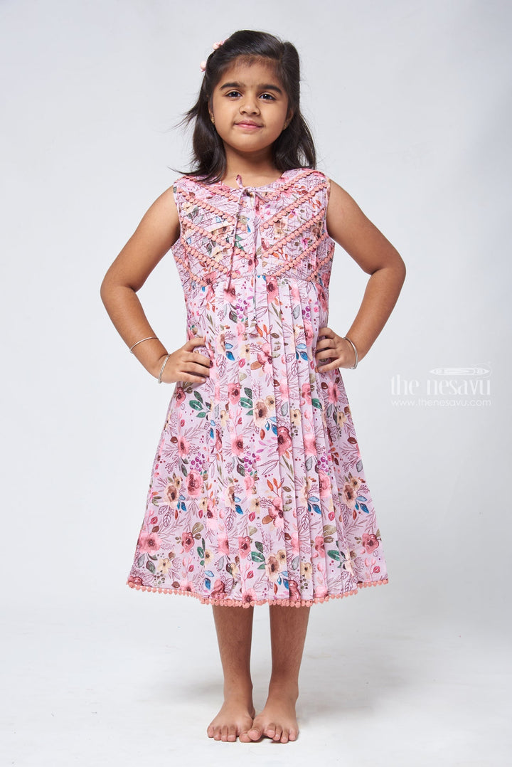 The Nesavu Girls Cotton Frock Elegant Salmon Floral Cotton Frock - Stylish Girls Attire Nesavu 22 (4Y) / Salmon / Cotton GFC1105B-22 Baby Girl Cotton Dresses | Floral Print Cotton Frocks | The Nesavu