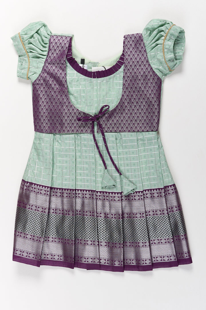The Nesavu Girls Kanchi Silk Frock Elegant Sea Green and Purple Pattu Pavadai for Girls with Rich Zari Borders Nesavu 16 (1Y) / Green / Style 1 SF839AA-16 Elegant Sea Green Purple Pattu Pavadai Girls Rich Zari Borders | The Nesavu