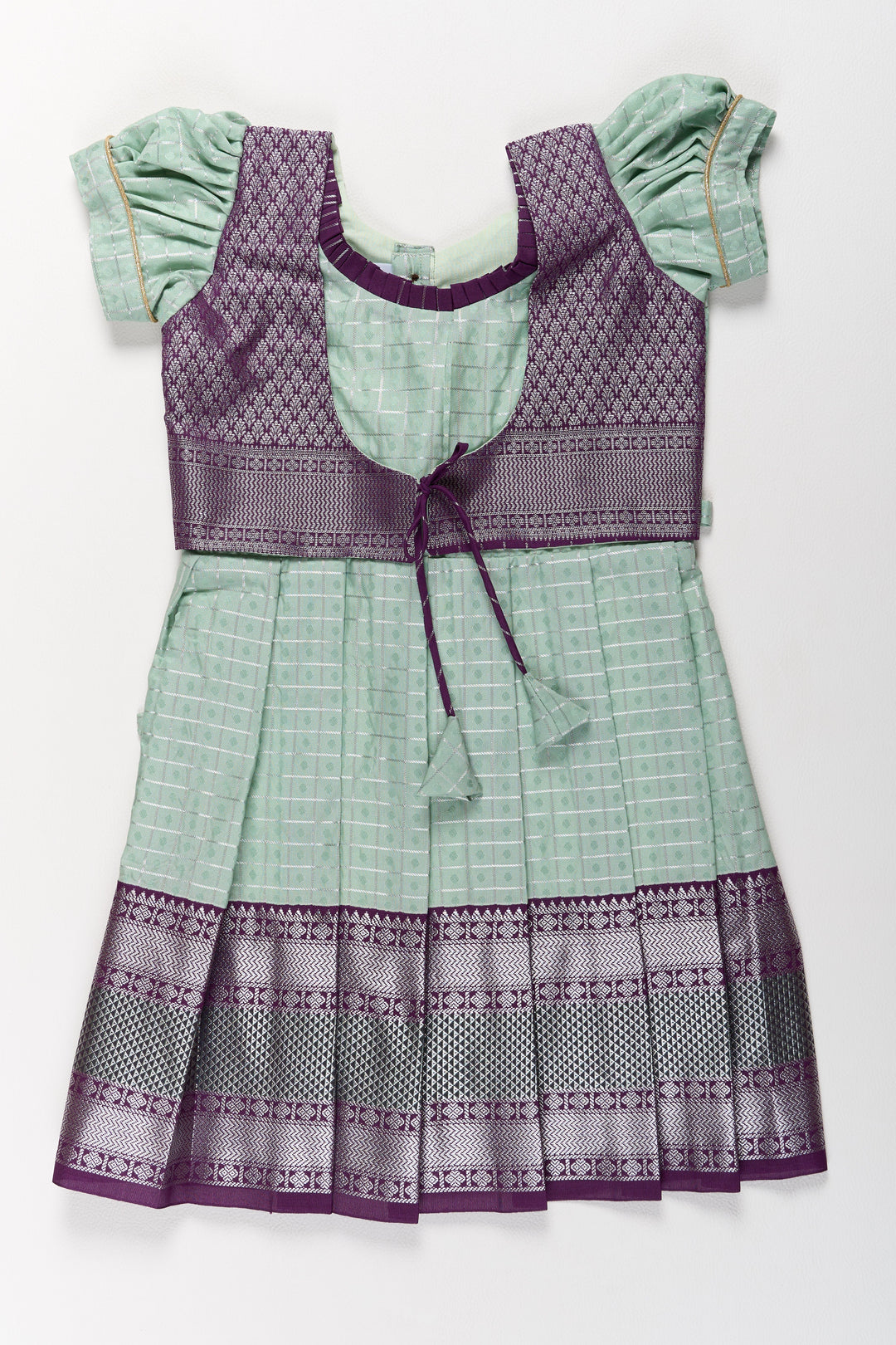 The Nesavu Girls Kanchi Silk Frock Elegant Sea Green and Purple Pattu Pavadai for Girls with Rich Zari Borders Nesavu 20 (3Y) / Green / Style 2 SF839AB-20 Elegant Sea Green Purple Pattu Pavadai Girls Rich Zari Borders | The Nesavu