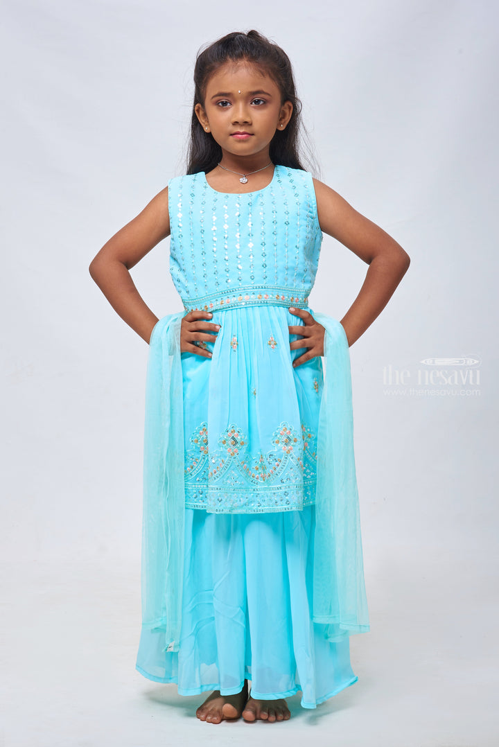 The Nesavu Girls Sharara / Plazo Set Elegant Sequin Embroidered Blue Kurti with Solid Palazzo & Dupatta Set for Girls Nesavu 24 (5Y) / Blue / Georgette GPS192A-24 Elegant Sequin Embroidered Kurti with Palazzo Set | Exclusive Ethnic Designs | The Nesavu