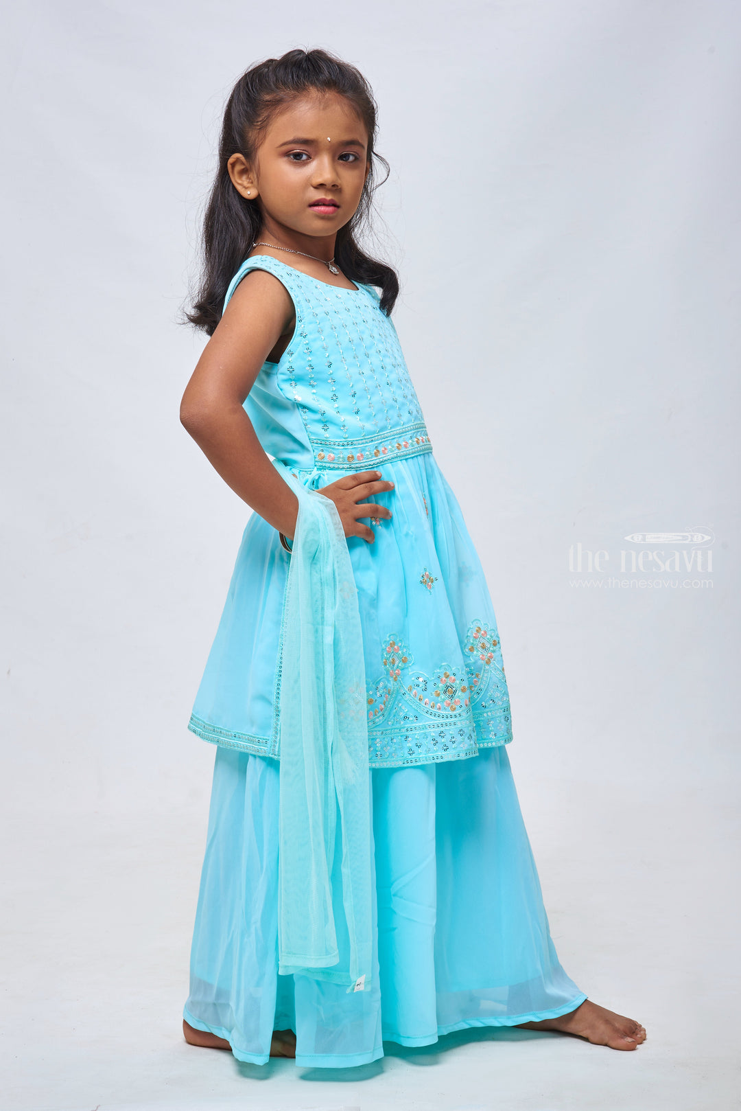 The Nesavu Girls Sharara / Plazo Set Elegant Sequin Embroidered Blue Kurti with Solid Palazzo & Dupatta Set for Girls Nesavu Elegant Sequin Embroidered Kurti with Palazzo Set | Exclusive Ethnic Designs | The Nesavu