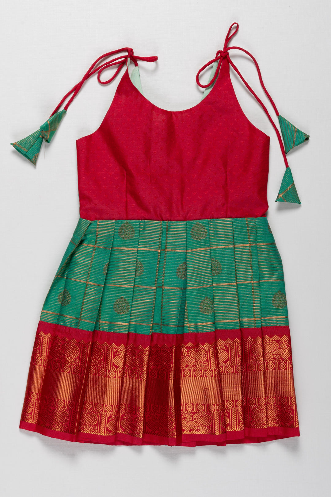 The Nesavu Tie-up Frock Elegant Silk and Pattu Tie-Up Frocks for Girls - Perfect for Annaprasana & Temple Ceremonies Nesavu 14 (6M) / Green / Style 3 T394C-14 Silk and Pattu TieUp Frocks for Girls | Traditional Banarasi Design Frocks | The Nesavu