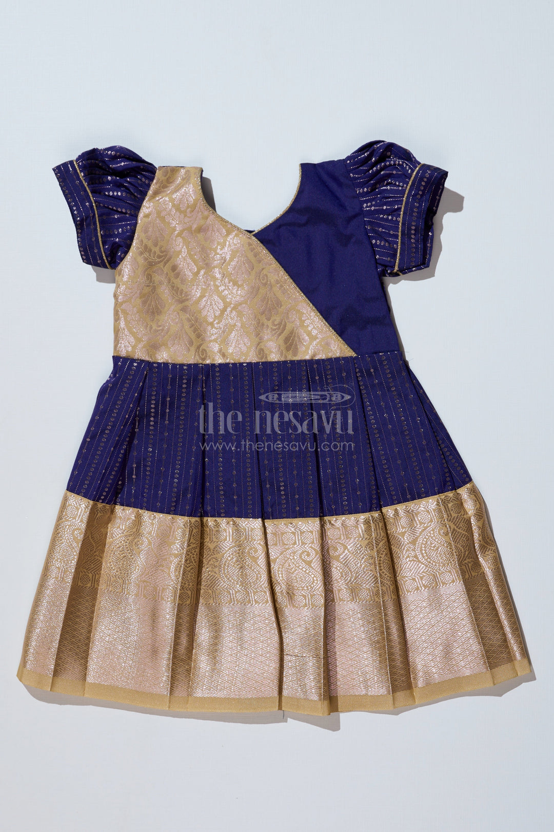 The Nesavu Girls Kanchi Silk Frock Elegant Silk Dresses Online for Girls with Kanchipuram Inspired Fabric and Gold Zari Pleated Border Nesavu 14 (6M) / Blue / Style 1 SF823FA-14 Silk Dresses Online Girls Kanchipuram Inspired Fabric Gold Zari Pleated Border | The Nesavu