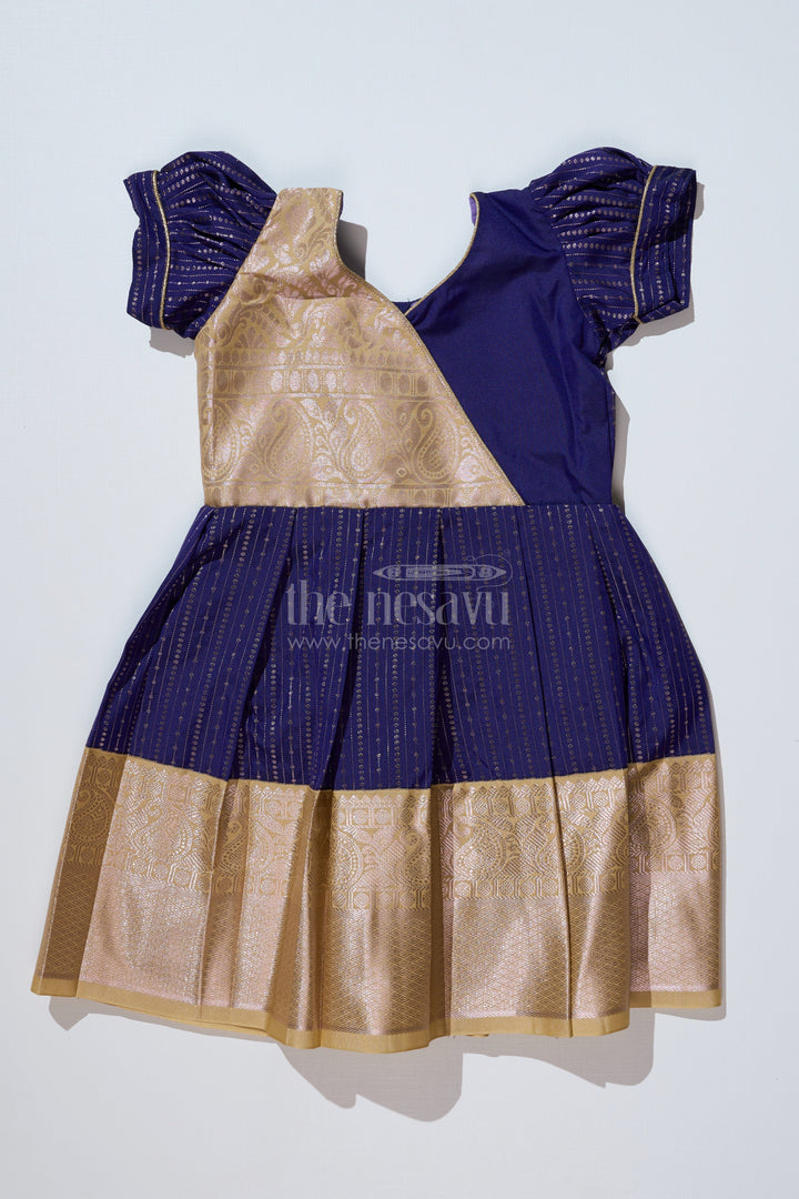 The Nesavu Girls Kanchi Silk Frock Elegant Silk Dresses Online for Girls with Kanchipuram Inspired Fabric and Gold Zari Pleated Border Nesavu 18 (2Y) / Blue / Style 2 SF823FB-18 Silk Dresses Online Girls Kanchipuram Inspired Fabric Gold Zari Pleated Border | The Nesavu