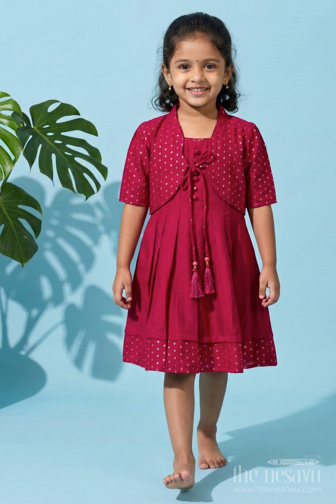 The Nesavu Girls Chanderi Frock Elegant Silk Frock with Traditional Jacket for Celebrations and Cultural Events Nesavu 20 (3Y) / Red / Viscose Silk GFC2114B-20 Nesavu ethnic silk frock with jacket for girls – ideal for weddings and festive gatherings