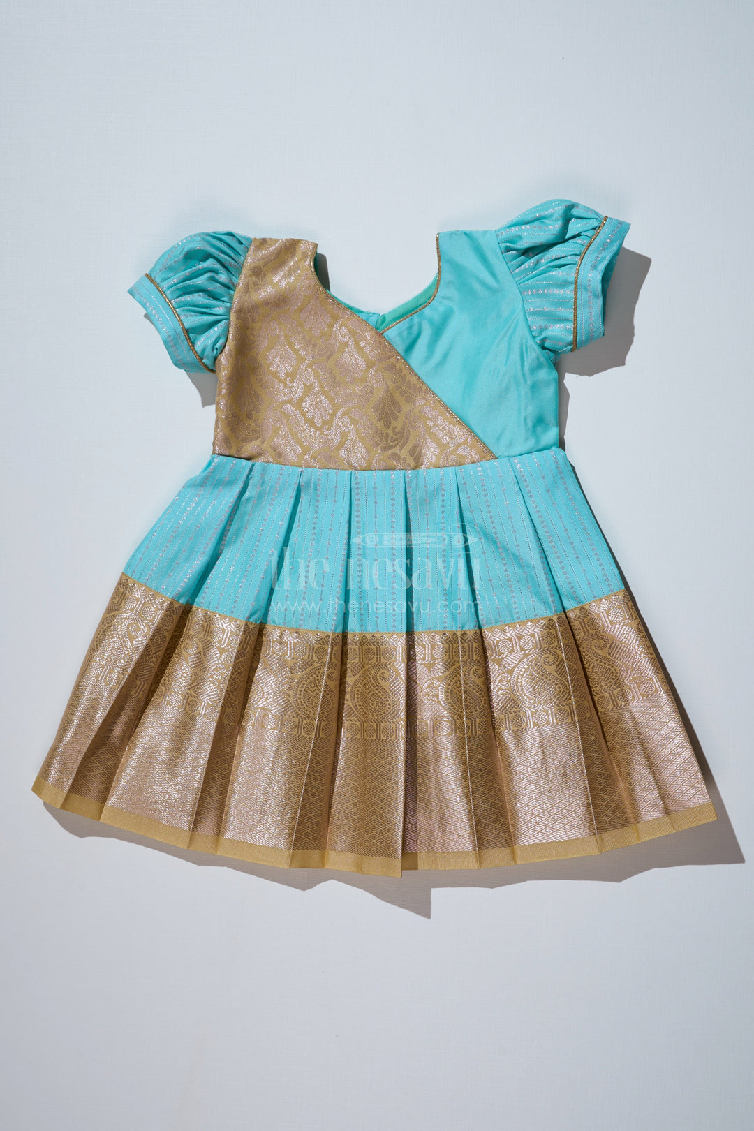 The Nesavu Girls Kanchi Silk Frock Elegant Sky Blue Frock for Girls with Kanchipuram Inspired Silk and Gold Zari Pleated Border Nesavu 14 (6M) / Blue / Style 1 SF823AA-14 Sky Blue Frock Girls Kanchipuram Inspired Silk Gold Zari Pleated Border | The Nesavu