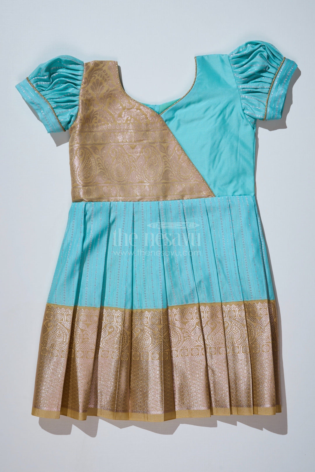 The Nesavu Girls Kanchi Silk Frock Elegant Sky Blue Frock for Girls with Kanchipuram Inspired Silk and Gold Zari Pleated Border Nesavu 18 (2Y) / Blue / Style 2 SF823AB-18 Sky Blue Frock Girls Kanchipuram Inspired Silk Gold Zari Pleated Border | The Nesavu