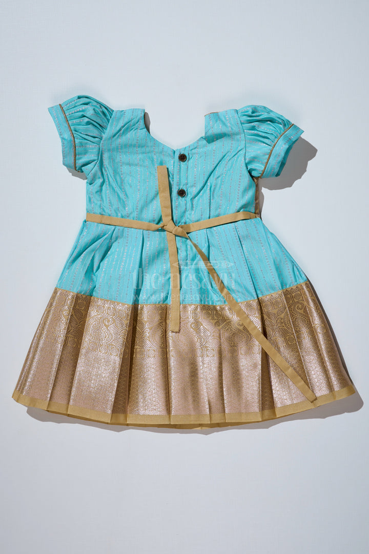The Nesavu Girls Kanchi Silk Frock Elegant Sky Blue Frock for Girls with Kanchipuram Inspired Silk and Gold Zari Pleated Border Nesavu Sky Blue Frock Girls Kanchipuram Inspired Silk Gold Zari Pleated Border | The Nesavu