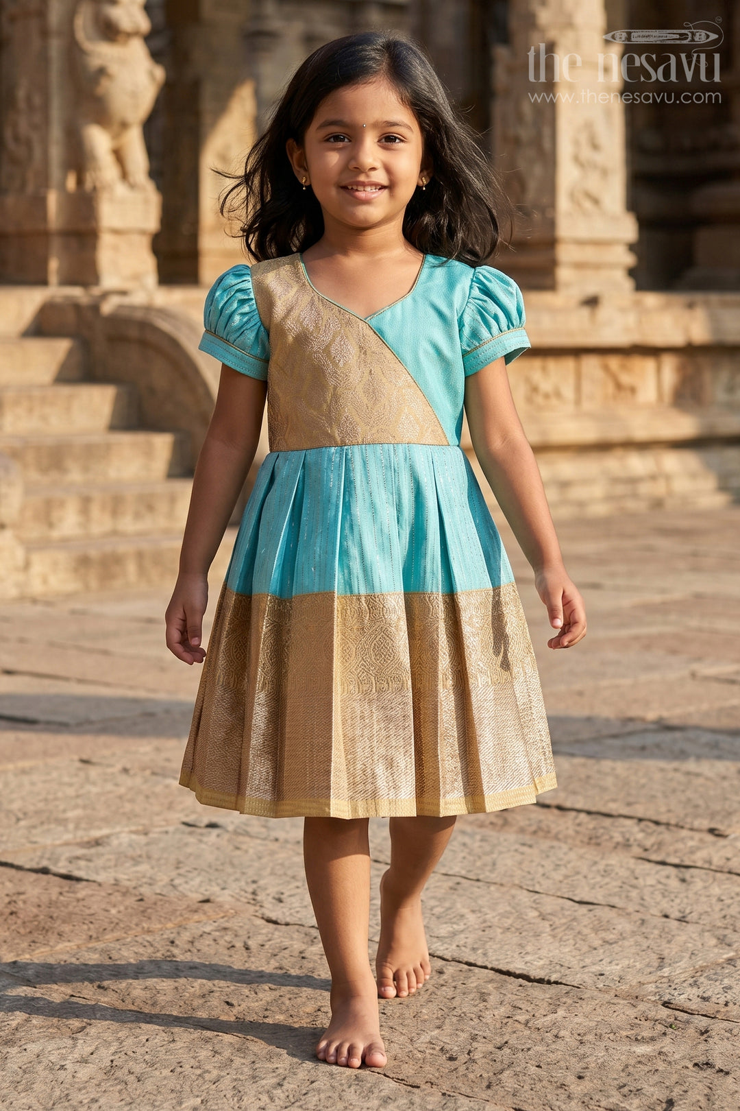 The Nesavu Girls Kanchi Silk Frock Elegant Sky Blue Frock for Girls with Kanchipuram Inspired Silk and Gold Zari Pleated Border Nesavu Sky Blue Frock Girls Kanchipuram Inspired Silk Gold Zari Pleated Border | The Nesavu
